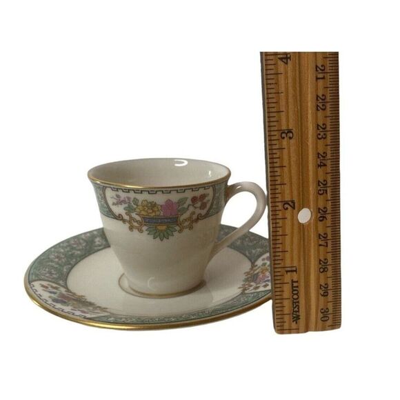 Lenox Peking DEMITASSE CUP & Saucers Set of 4 Bone China Green Floral Gold Trim - Picture 3 of 6